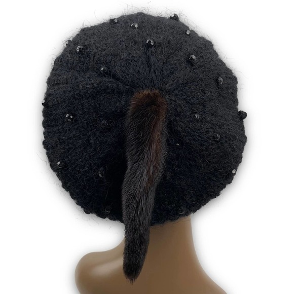 70's Italian mink tail mohair wool beaded beret winter hat - Picture 2 of 14